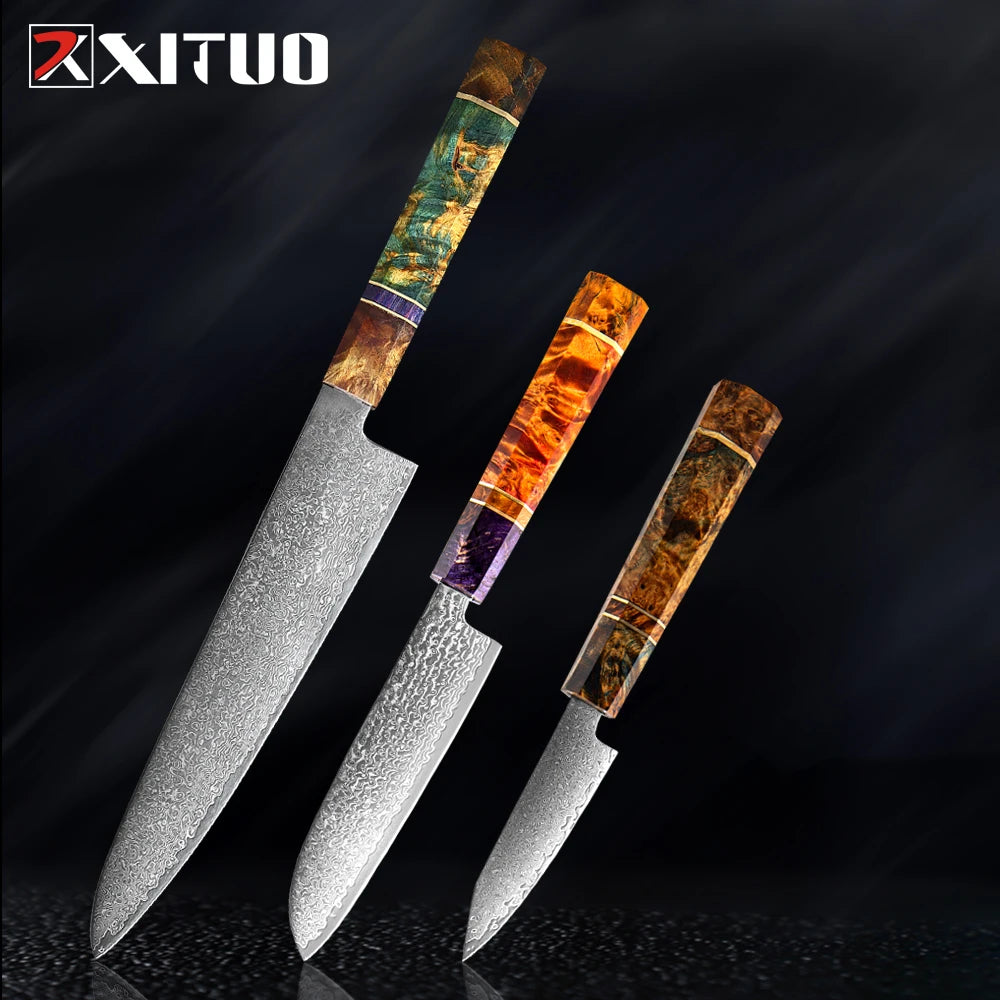 Damascus chef knife trio