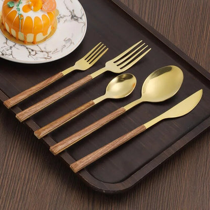 Gold & wooden style cutlery set