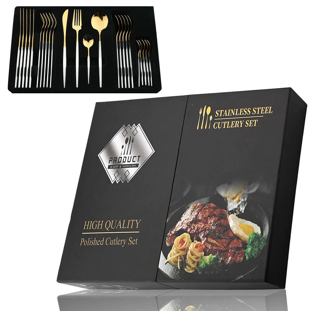 Gold & white 24pcs cutlery set