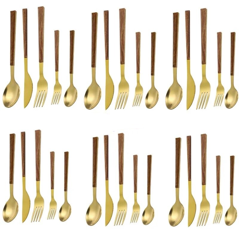 Gold & wooden handle cutlery set